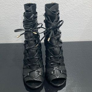 Black strap heel booties